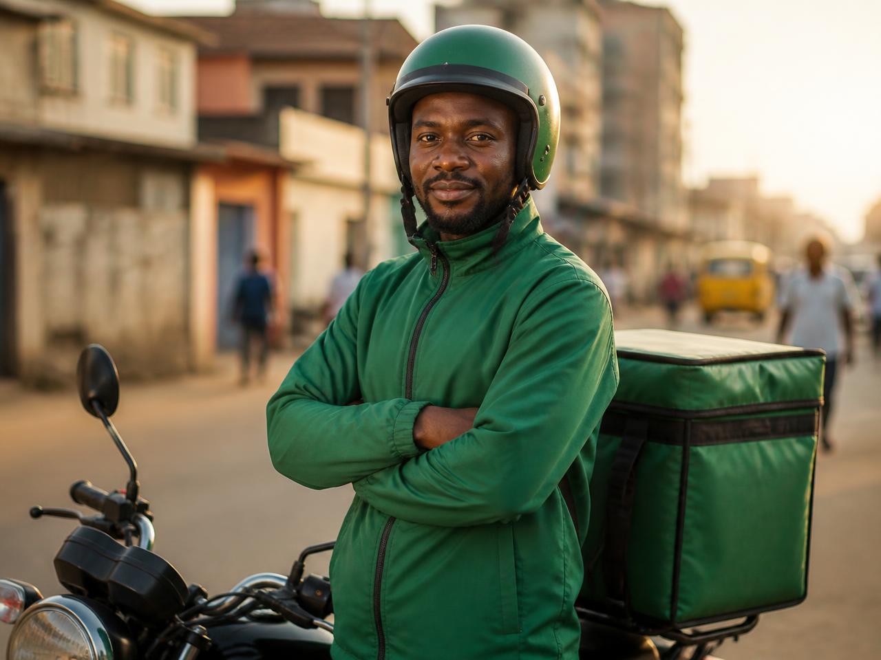 GoCartNG delivery rider standing beside a motorcycle in Delta State