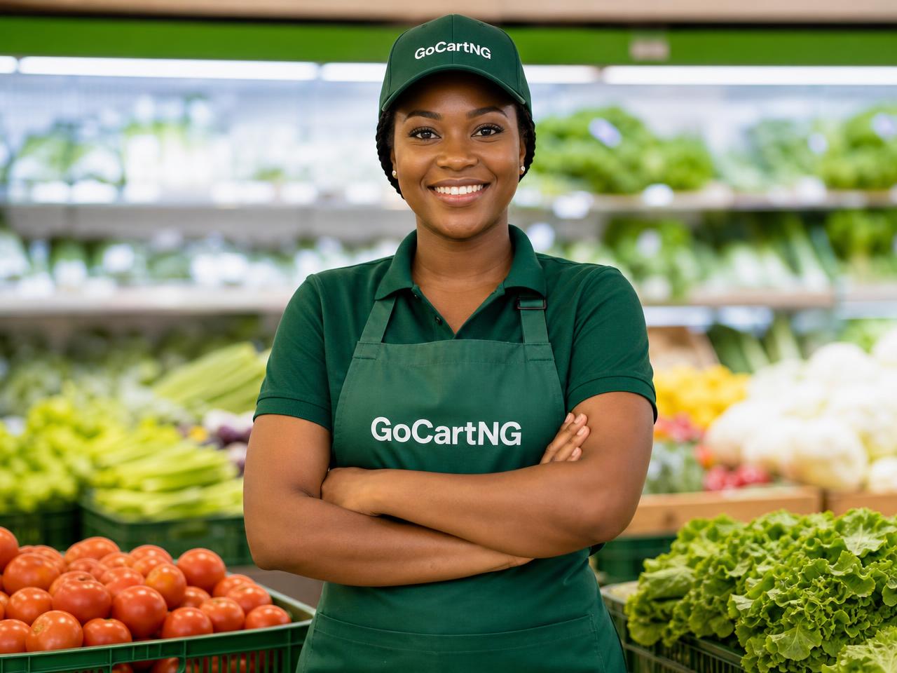GoCartNG vendor in branded apron standing in her grocery store